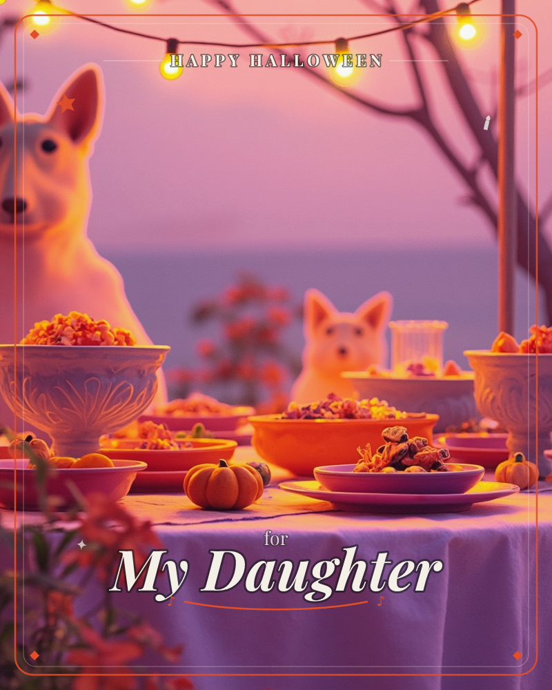 An outdoor autumn table is set at dusk with carved bowls of colourful fruit, small pumpkins, and orange dishes, all lit by strings of warm bulbs overhead, a halloween e-card design
