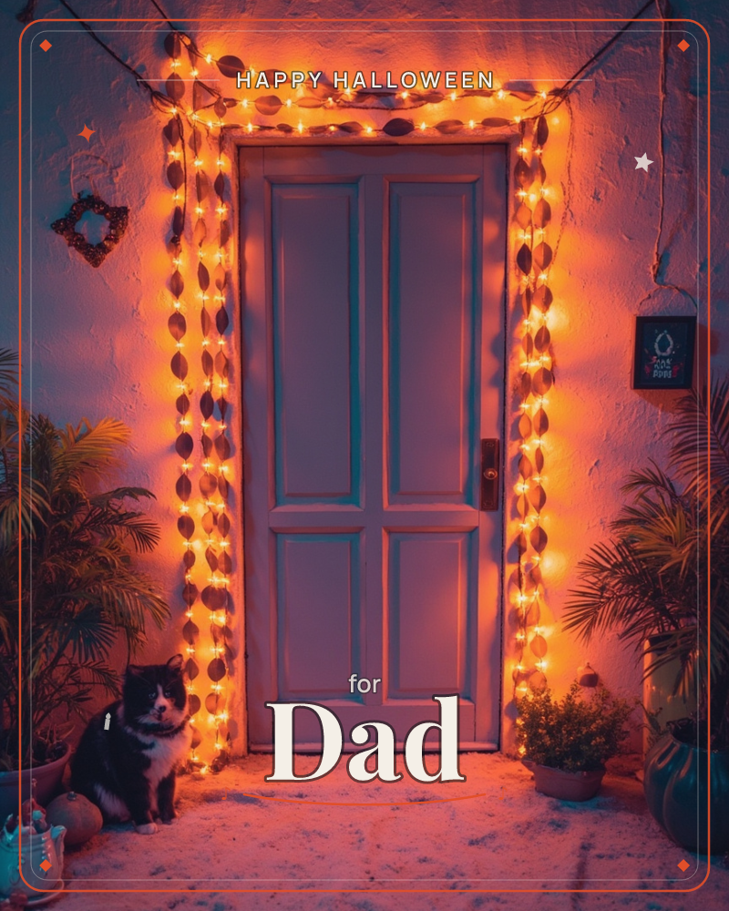 A pale blue paneled door glows warmly at night, framed by strings of leaf-shaped fairy lights strung in loops overhead and down each side, a halloween e-card design