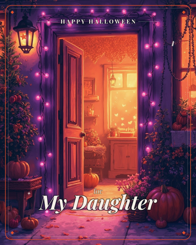 An open door glows with warm amber light, framed by strings of purple-pink fairy lights against a dusky violet porch, a halloween e-card design