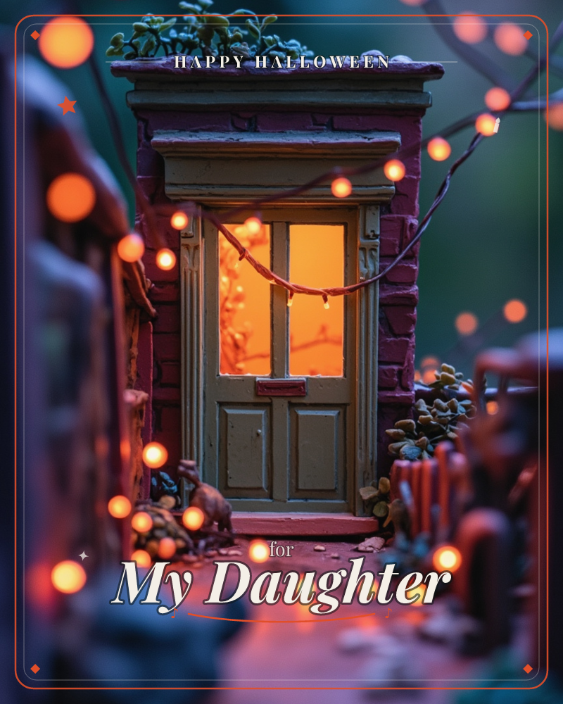 A miniature brick townhouse door glows amber from within, its glass panes lit like a fireplace behind cream shutters and a tiny mail slot, a halloween e-card design