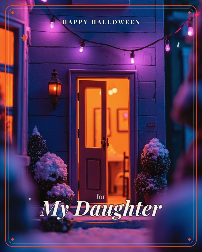 A snow-dusted cottage doorway glows warm amber against a deep twilight-blue facade, with an open door revealing a cozy lit interior, a halloween e-card design