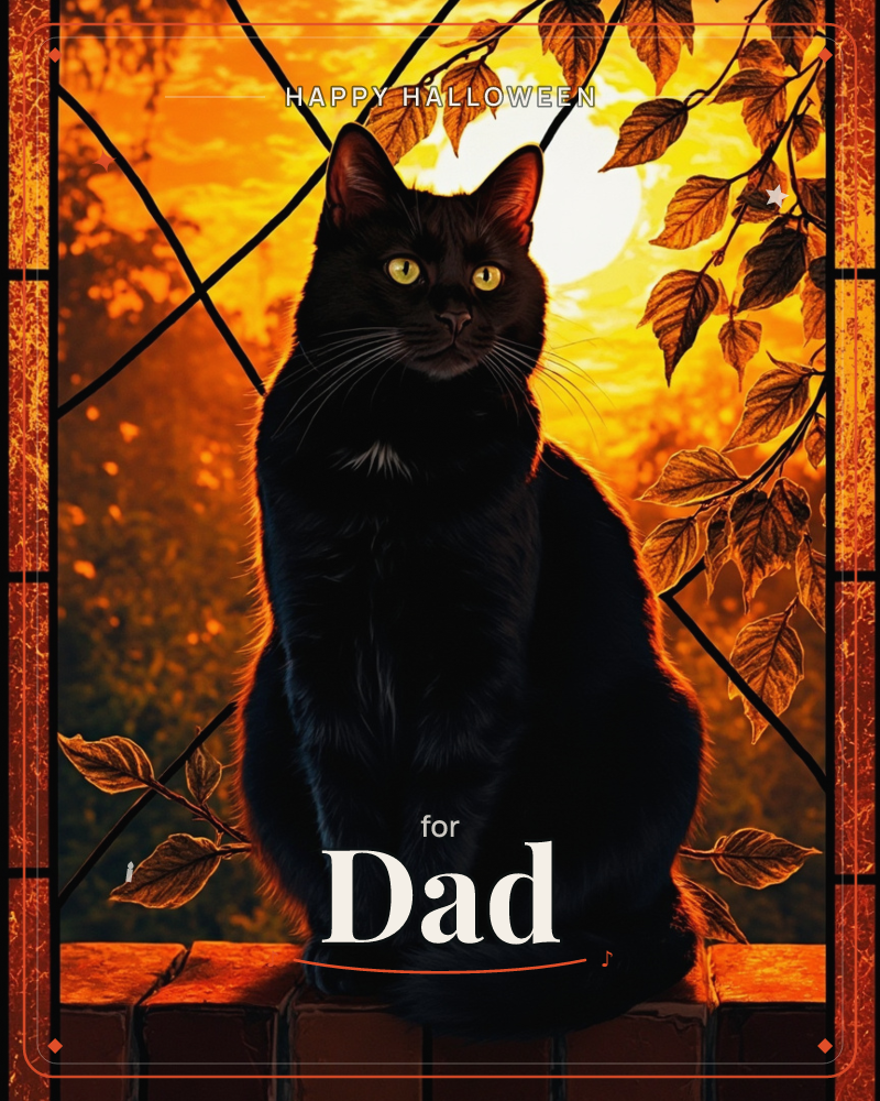 A black cat sits upright on a stone ledge, framed by leaded window panes as if viewed through stained glass, a halloween e-card design