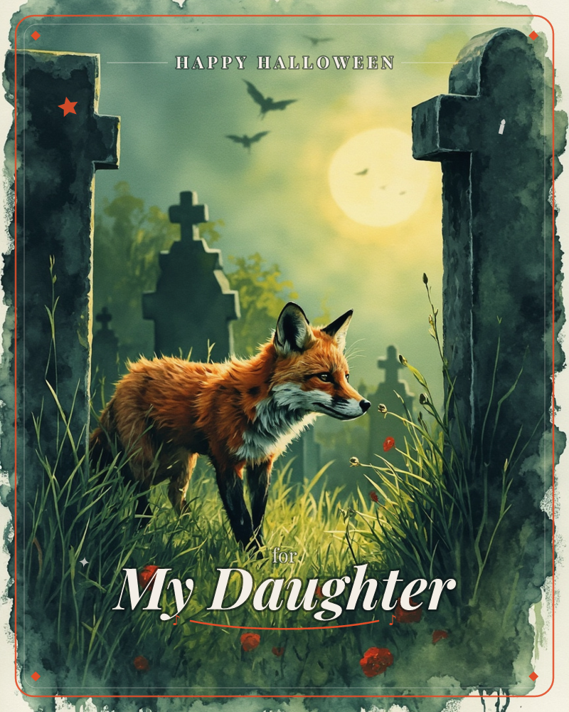 A red fox pauses amid tall grass and wildflowers in an old cemetery, framed by weathered stone crosses, a halloween e-card design