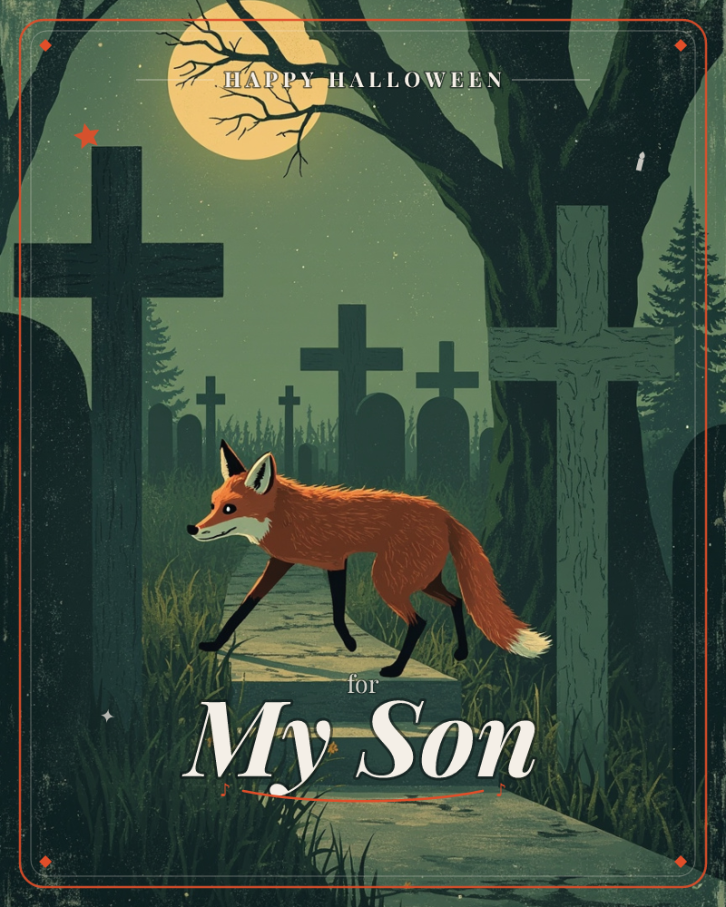 A red fox trots along a mossy stone path through an old graveyard, weaving between weathered crosses and gravestones under a bare-branched tree, a halloween e-card design