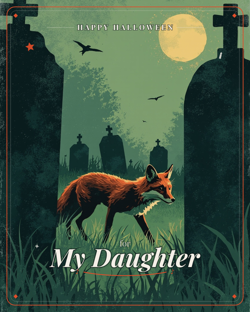 A red fox creeps through a moonlit graveyard, framed between two towering cross-topped headstones, a halloween e-card design