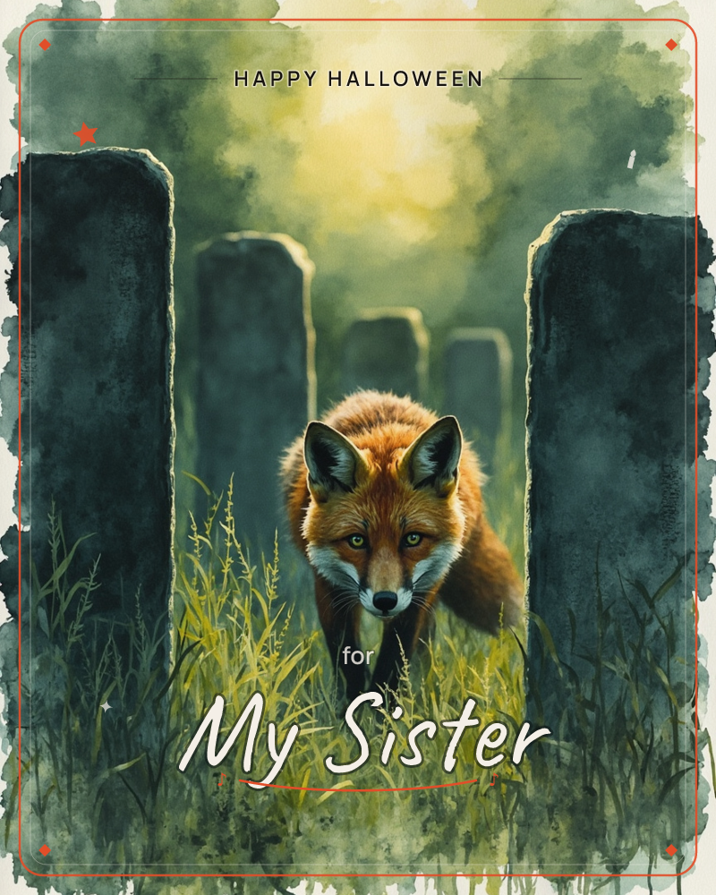 A red fox creeps low through tall grass between rows of weathered stone posts, its ears pricked and gaze fixed straight ahead, a halloween e-card design