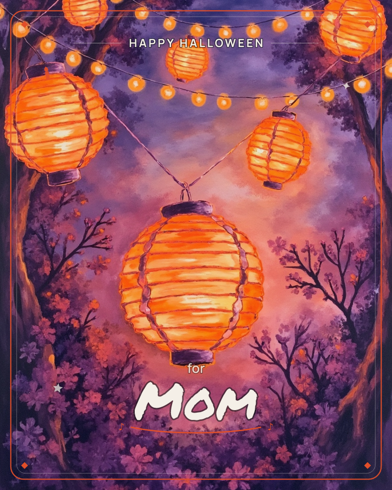Glowing orange paper lanterns hang from strings of fairy lights strung between two dark trees, framing a dusky purple-pink sky, a halloween e-card design