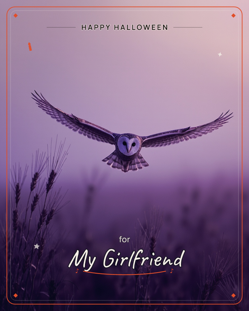 A barn owl flies straight toward the viewer with wings fully spread, its heart-shaped face lit pale against a dusky purple sky, a halloween e-card design