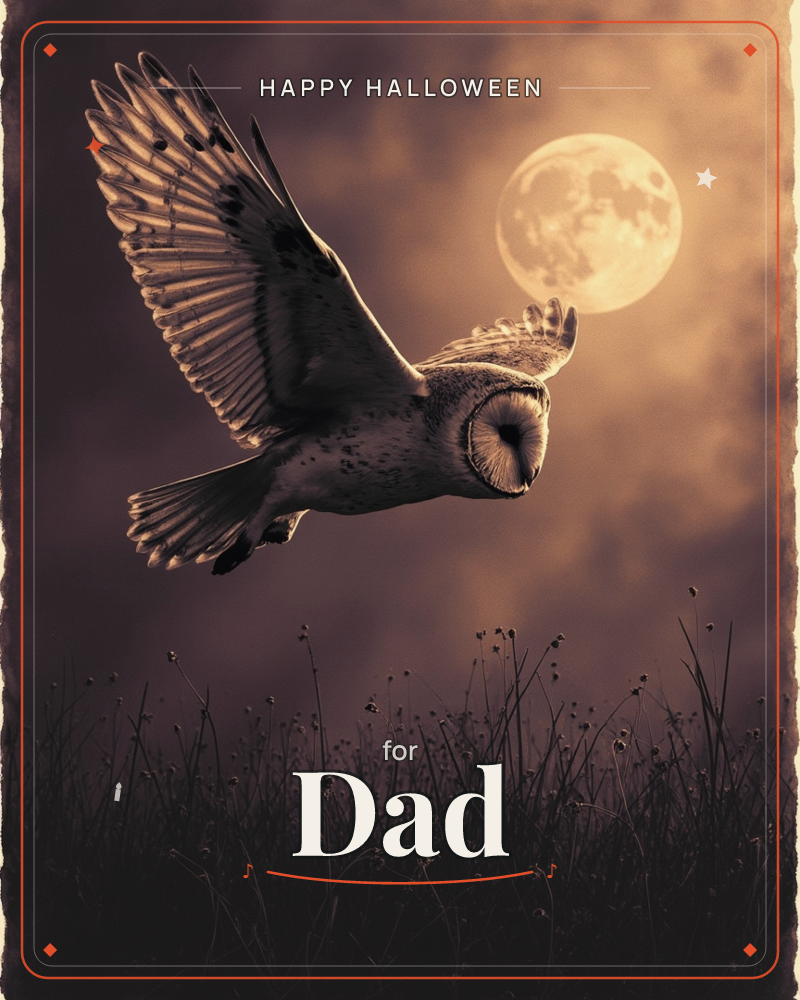 A barn owl glides low over silhouetted wild grass, wings fully spread, with a huge full moon glowing behind it in a smoky sepia sky, a halloween e-card design