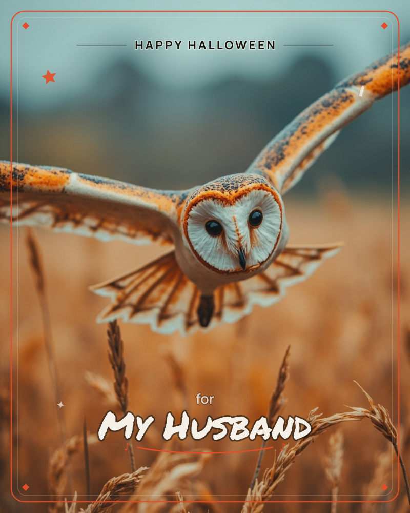 A barn owl flies straight toward the camera at low height, wings fully outstretched, its heart-shaped face and dark eyes sharply in focus against a…, a halloween e-card design