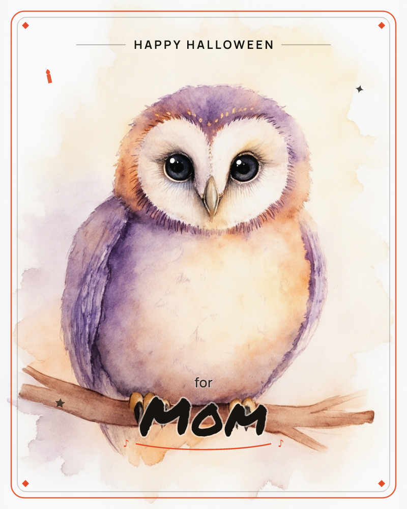 A round, wide-eyed owl perches on a bare branch, its feathers washed in soft lavender and peach watercolour tones that bleed into a glowing amber…, a halloween e-card design