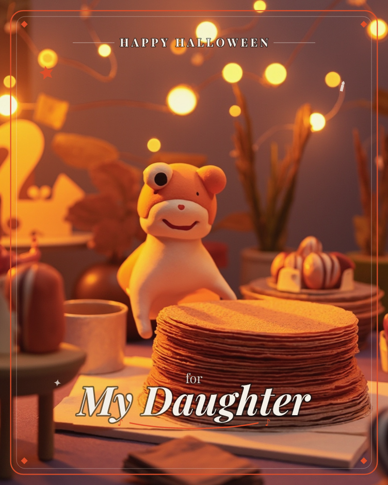A small round-eared toy creature perches beside a tall stack of pancakes on a table strewn with treats and mugs, all bathed in warm amber light from…, a halloween e-card design