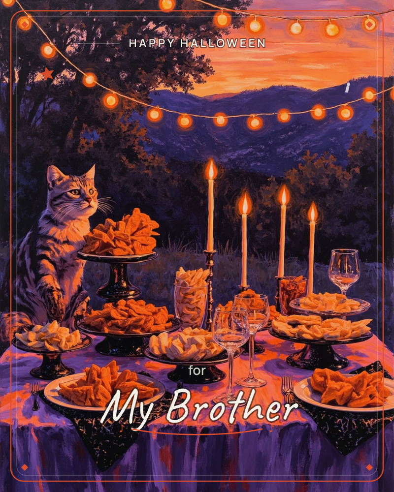 A tabby cat perches at a lavishly set outdoor table, paw resting near a tiered plate of golden fried snacks, as string lights glow above and mountains…, a halloween e-card design