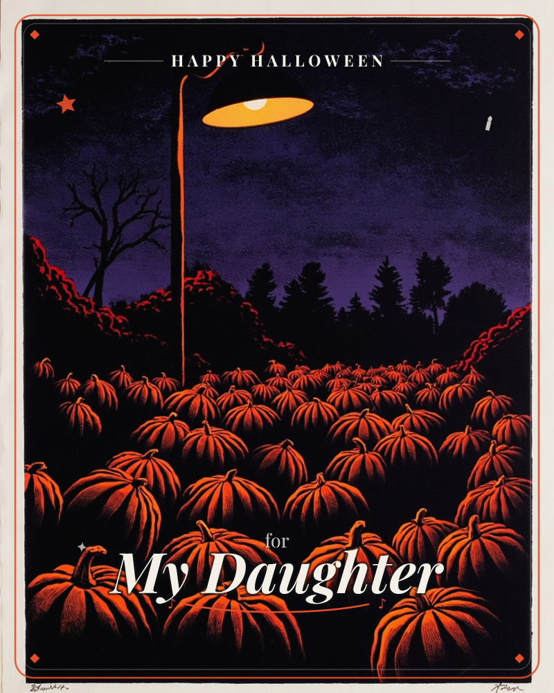 A pumpkin patch stretches out under a single glowing streetlamp, its orange bulb the only warm light against a deep purple night sky, a halloween e-card design