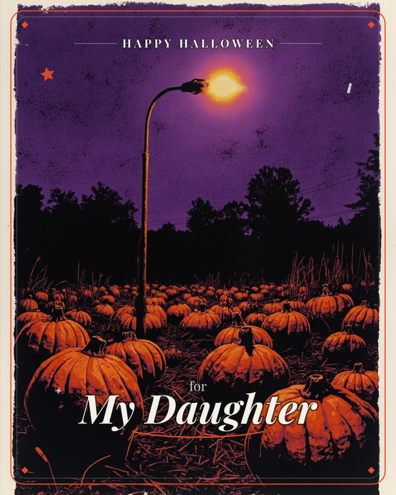 A single streetlamp glows above a sprawling pumpkin patch under a deep purple night sky, its warm light spilling across dozens of round orange pumpkins…, a halloween e-card design
