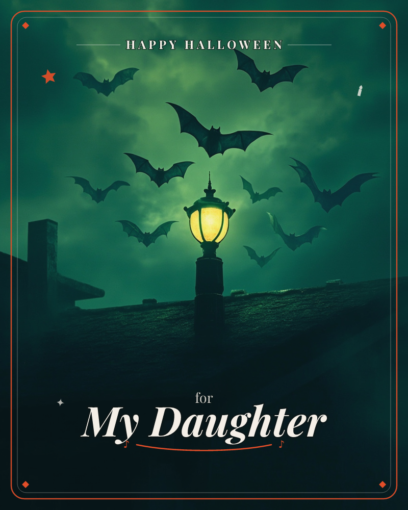 A lone streetlamp glows amber atop a shadowy rooftop, its light cutting through a swirling green mist, a halloween e-card design