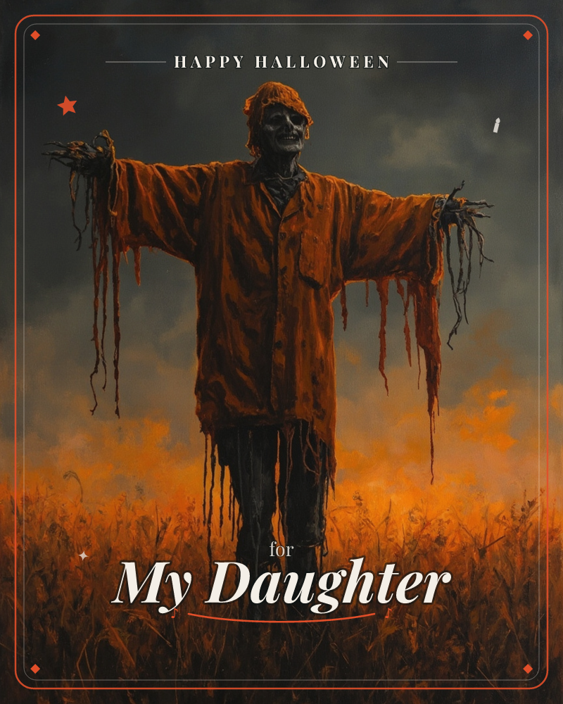 A ragged scarecrow stands with arms outstretched in a burning-orange field beneath a bruised, smoky sky, its tattered coat and skeletal grin lit by an…, a halloween e-card design