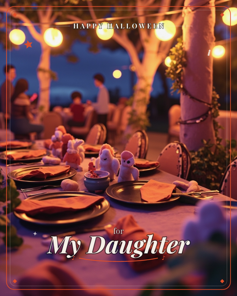 An outdoor table is set for evening dinner beneath strings of glowing globe lights, with small plush toy animals perched among the plates and…, a halloween e-card design