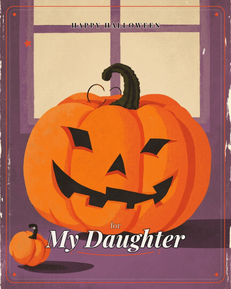 A large carved jack-o'-lantern grins in front of a pale windowpane, its curling stem twisting up like a little antenna, a halloween e-card design