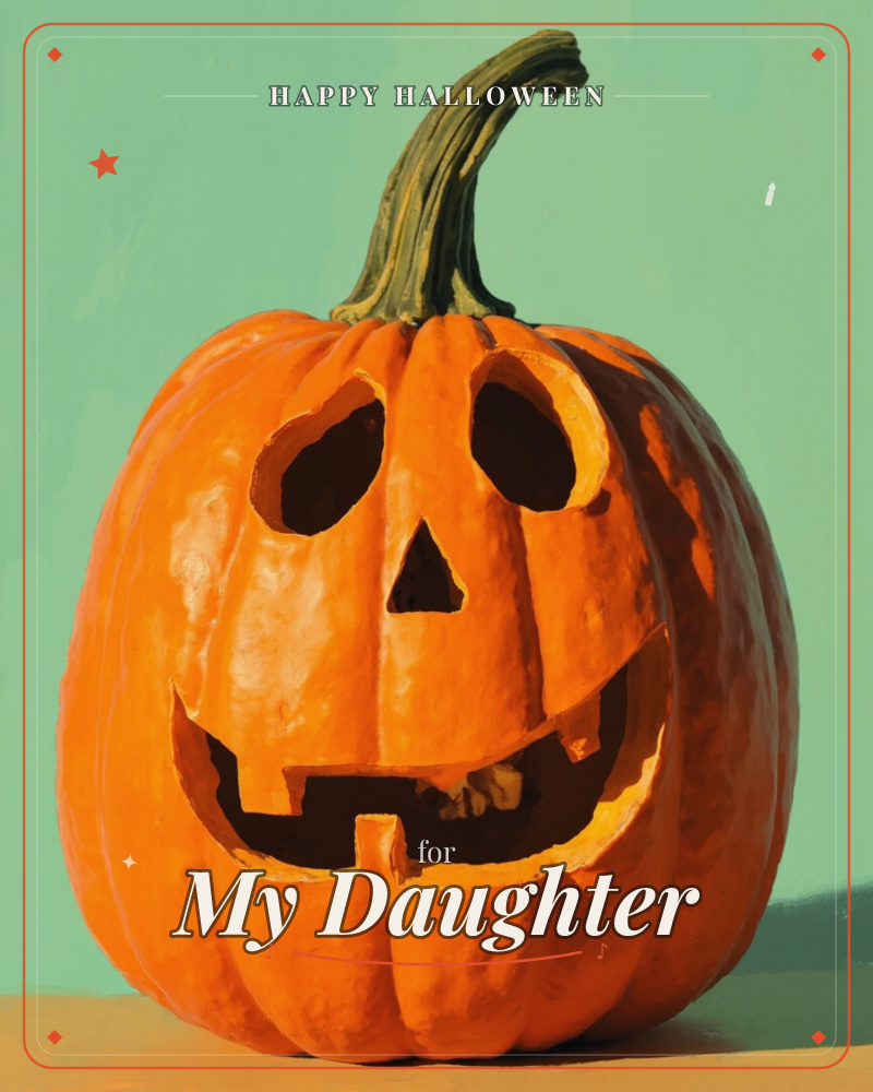 A grinning jack-o'-lantern sits alone against a flat mint-green backdrop, its curved stem arching up like a question mark, a halloween e-card design