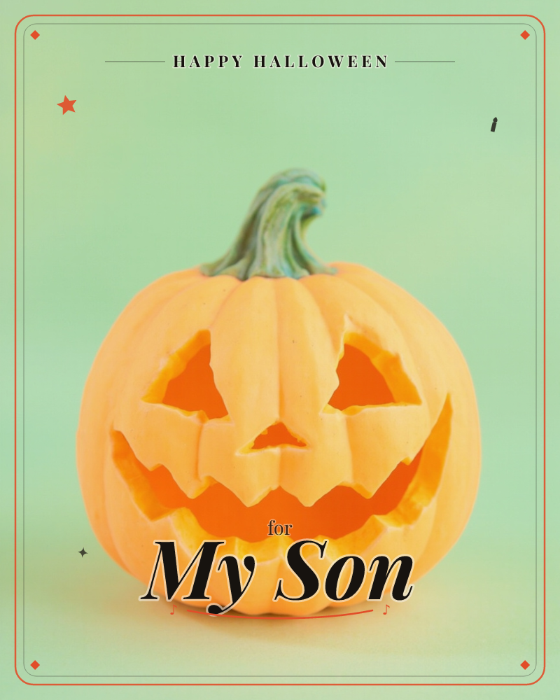 A single carved pumpkin sits front and centre against a flat mint-green background, its jagged grinning face glowing faintly orange from within, a halloween e-card design