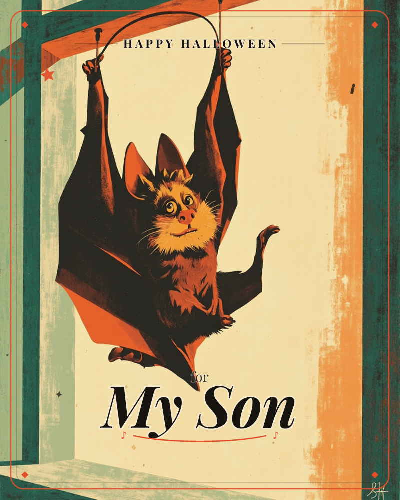 A wide-eyed bat with orange-tinged fur and dark leathery wings hangs upside down from a small ring, framed inside a weathered wooden window, a halloween e-card design