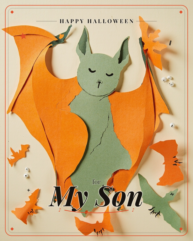 A large paper-cut bat sits at the center with sage green body and bold orange wings spread wide, its eyes closed in a peaceful expression, a halloween e-card design