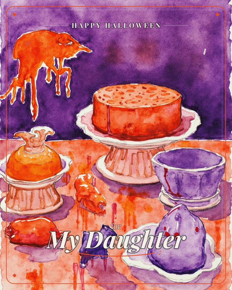 A watercolour still life shows a table crowded with cakes and desserts in deep violet and burnt orange, an odd fox-shaped shadow looming behind, a halloween e-card design
