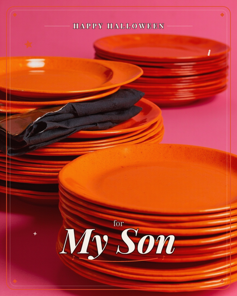Three tall stacks of glossy orange ceramic plates sit against a bold hot-pink background, with a folded black cloth napkin tucked between one pile, a halloween e-card design