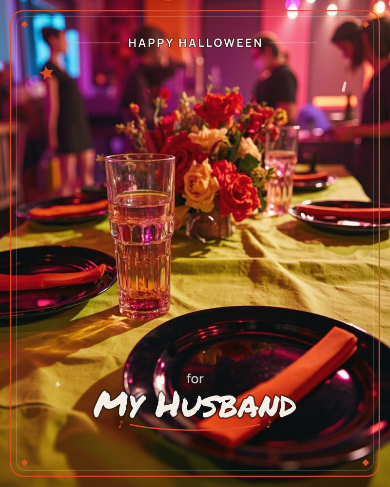 A festive table is dressed in a chartreuse cloth under warm party lighting, set with dark plates, folded orange napkins, and glasses of pale rosé, a halloween e-card design