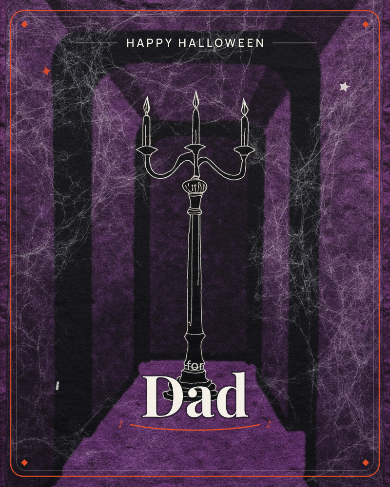 A three-armed candelabra with lit candles stands in the middle of a shadowy purple corridor, its arched walls draped in tangled cobwebs, a halloween e-card design