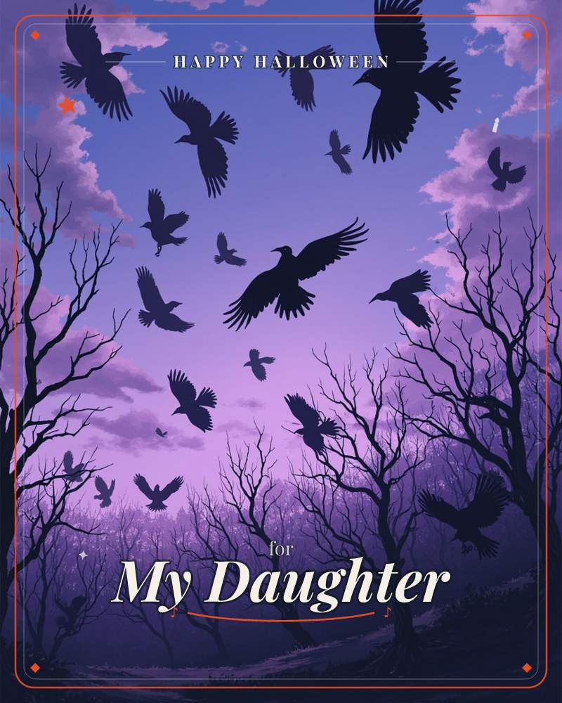 A flock of crows scatters through a twilight sky, their black silhouettes caught mid-flight against bands of violet and lavender cloud, a halloween e-card design
