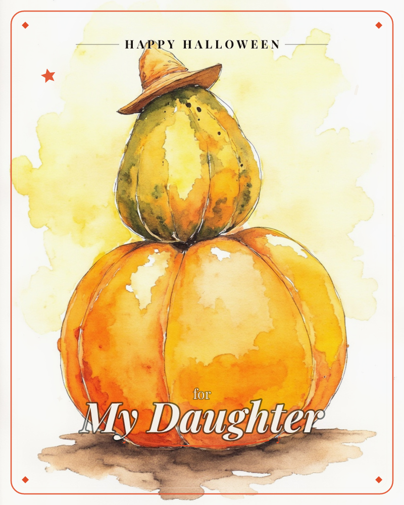 Two gourds are stacked into a whimsical little figure, a round orange pumpkin base topped with a smaller green-gold gourd wearing a tiny woven straw hat, a halloween e-card design