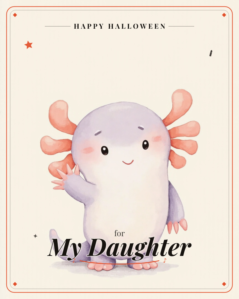 A round, friendly axolotl in soft lavender stands against a plain cream background, its coral-pink gills fanned out like little fronds on either side…, a halloween e-card design
