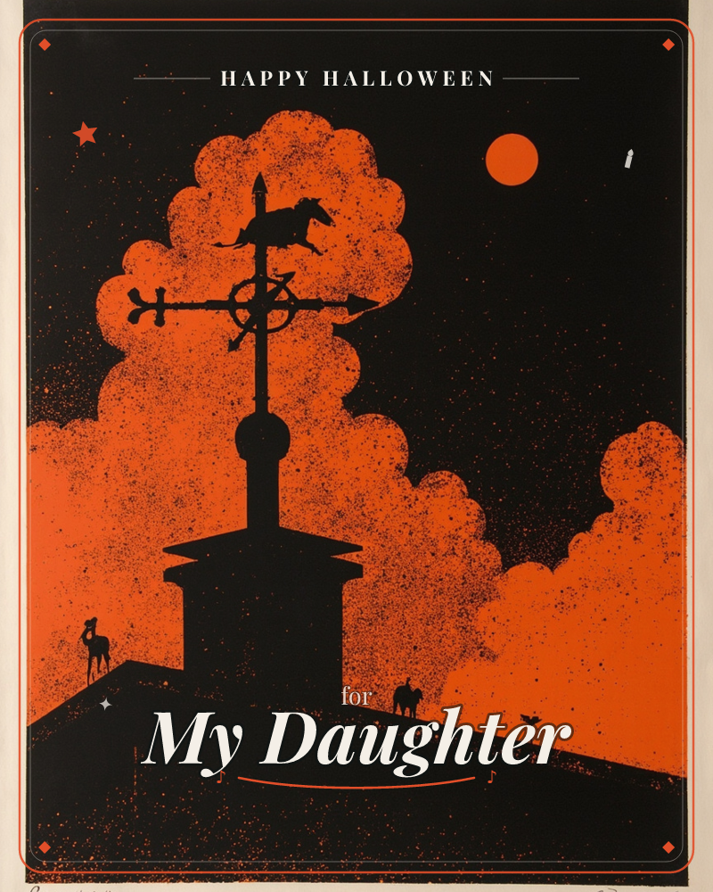 A rooftop weathervane with a running horse silhouette stands against a burning orange sky mottled with cloud, a small round sun or moon glowing above, a halloween e-card design