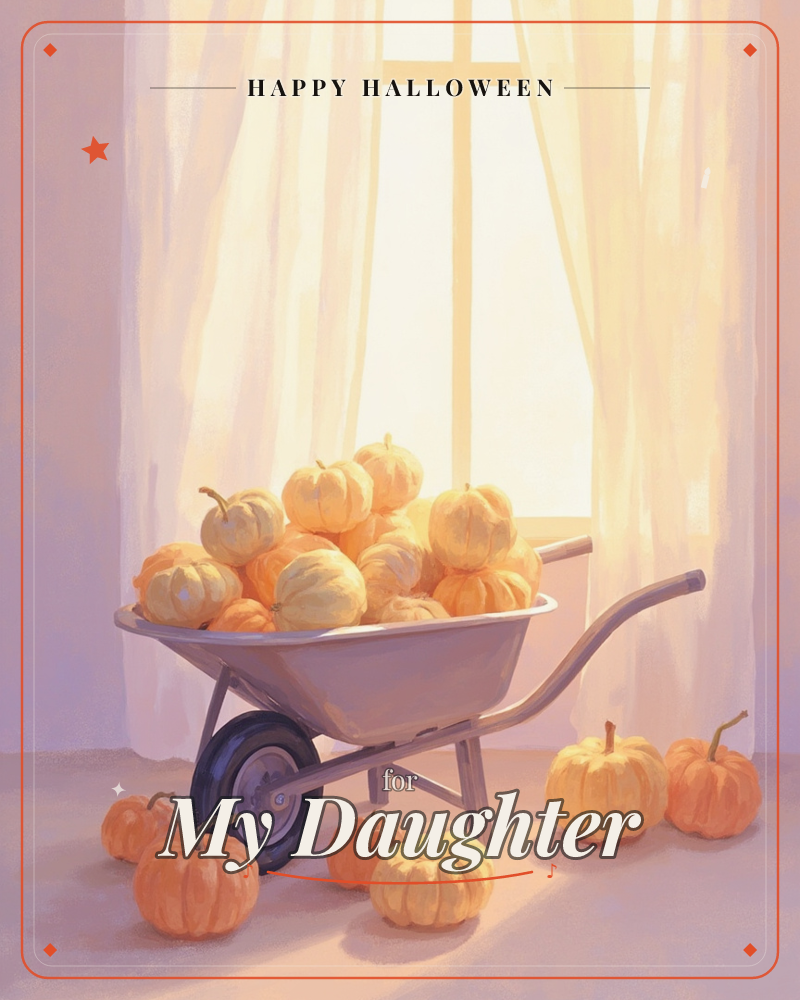 A small wheelbarrow sits piled high with pale orange and cream pumpkins, more scattered across the floor around its wheel, a halloween e-card design