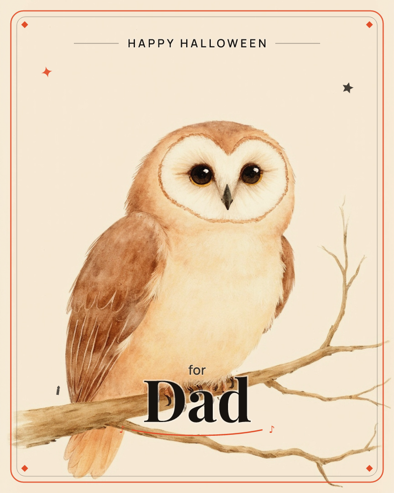 A barn owl perches on a bare, forked branch, its heart-shaped face and dark round eyes turned toward the viewer, a halloween e-card design