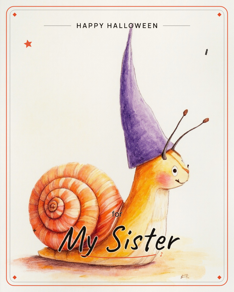 A cheerful orange snail with a swirled shell wears a tall purple wizard hat perched between its two eye stalks, a halloween e-card design
