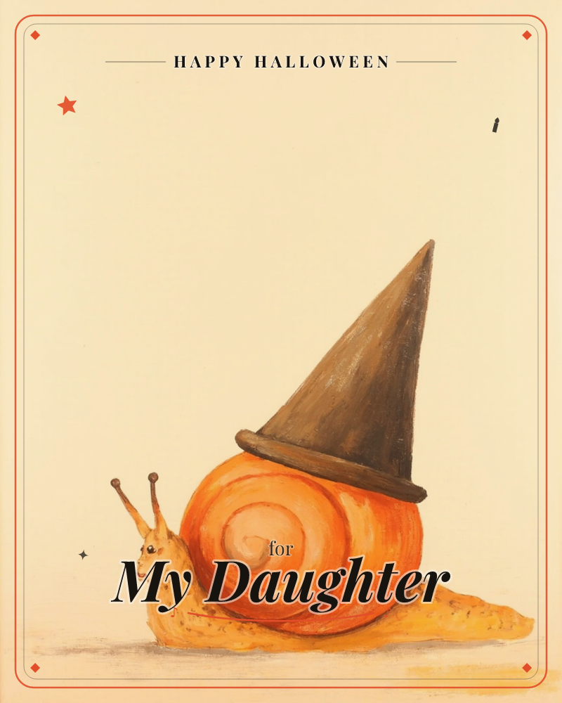 A cheerful snail with a spiralled orange shell sits on a bare cream background, its whole body topped with a tall, pointed brown witch's hat like a…, a halloween e-card design