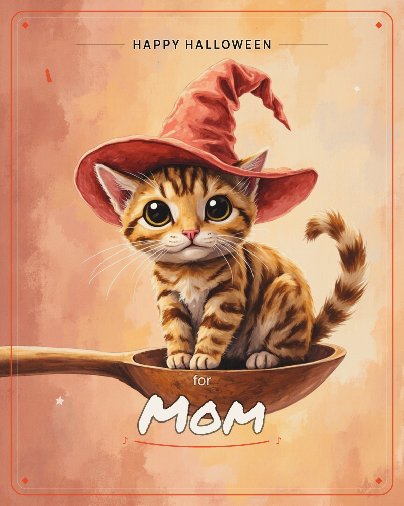 A wide-eyed tabby kitten in an oversized, floppy pink wizard hat sits perched inside the bowl of a large wooden spoon, tail curled up behind it, a halloween e-card design