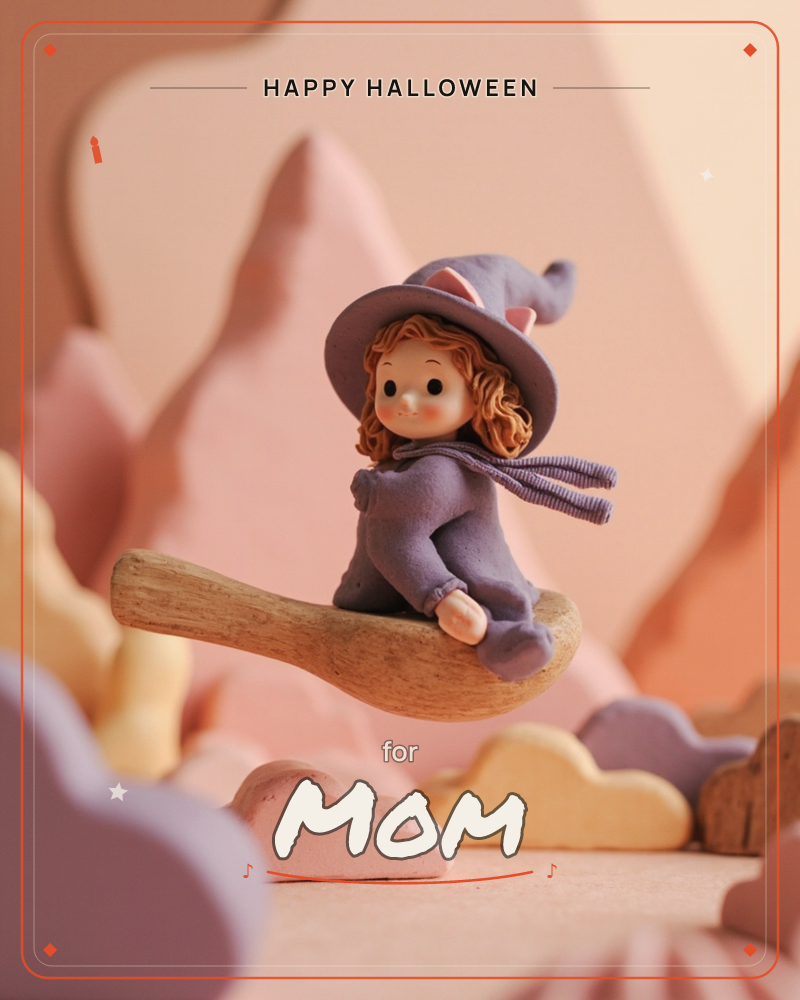 A clay figurine of a small witch in a purple hat and striped scarf perches on a wooden broomstick, floating above a whimsical landscape of pastel…, a halloween e-card design