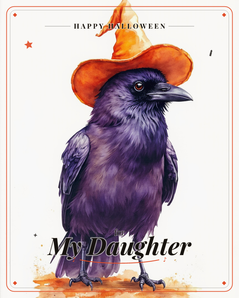A watercolour crow with glossy purple-black feathers stands upright wearing a floppy orange witch's hat, its sharp beak and dark eye giving it a…, a halloween e-card design