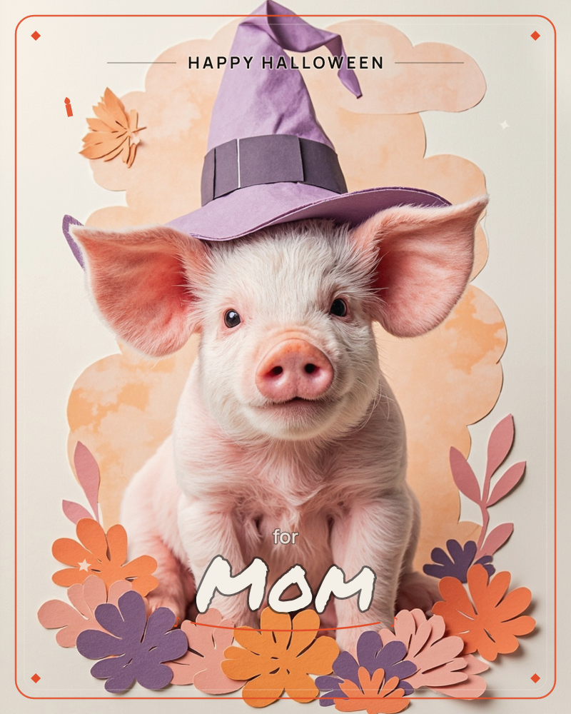 A pink piglet with big floppy ears sits front and centre wearing a purple witch's hat with a grey band and a paper butterfly floating beside its head, a halloween e-card design