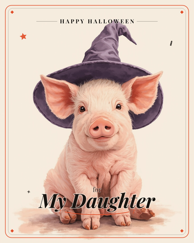 A pink piglet sits upright against a plain cream background, wearing an oversized purple witch's hat that flops to one side, a halloween e-card design