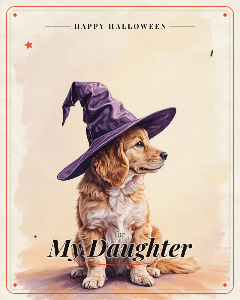 A golden spaniel puppy sits primly against a warm cream background, wearing an oversized purple witch's hat that flops forward over its ears, a halloween e-card design