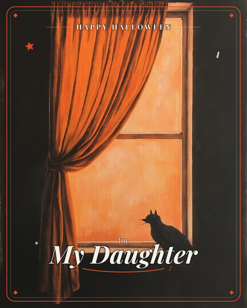 A dark room frames a tall window glowing with deep orange light, an ornate curtain pulled back and tied to one side, a halloween e-card design