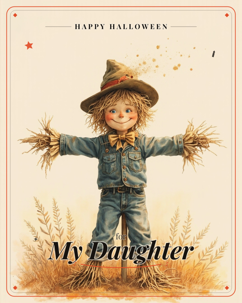 A cheerful scarecrow with rosy cheeks and straw poking from its sleeves and cuffs stands with arms outstretched in a dry field, wearing a floppy hat…, a halloween e-card design