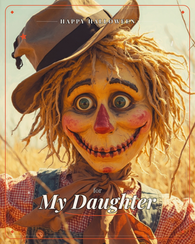 A grinning scarecrow stares wide-eyed from a sun-baked field, its straw hair spilling out from under a floppy hat and its painted face fixed in a wide…, a halloween e-card design