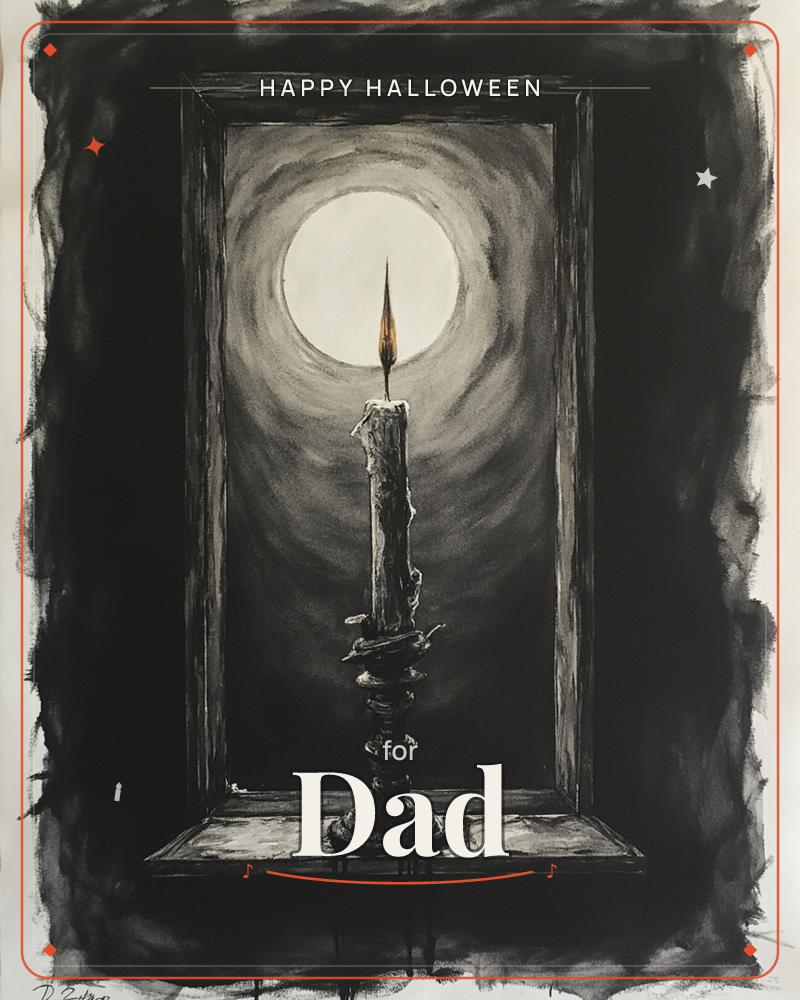 A single wax candle burns on an ornate holder set before a tall dark window, its flame the only warm color in a charcoal world of smudged blacks and grays, a halloween e-card design