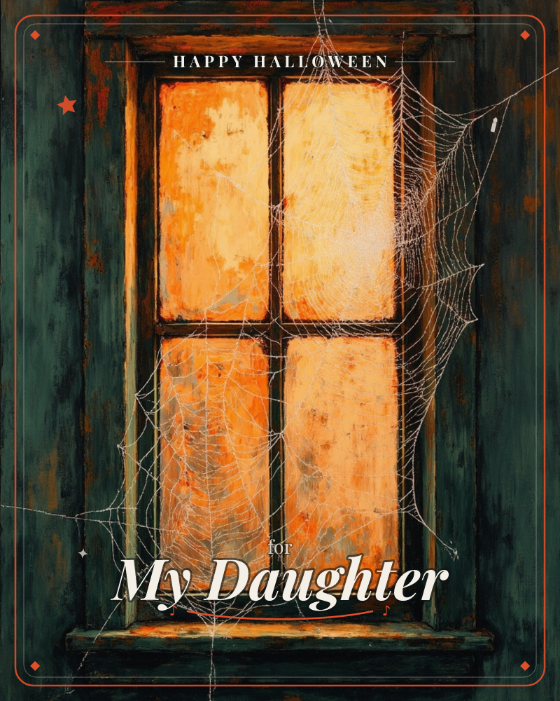 An old four-pane window glows amber from within, its dark teal wooden frame weathered and peeling with rust-coloured streaks, a halloween e-card design